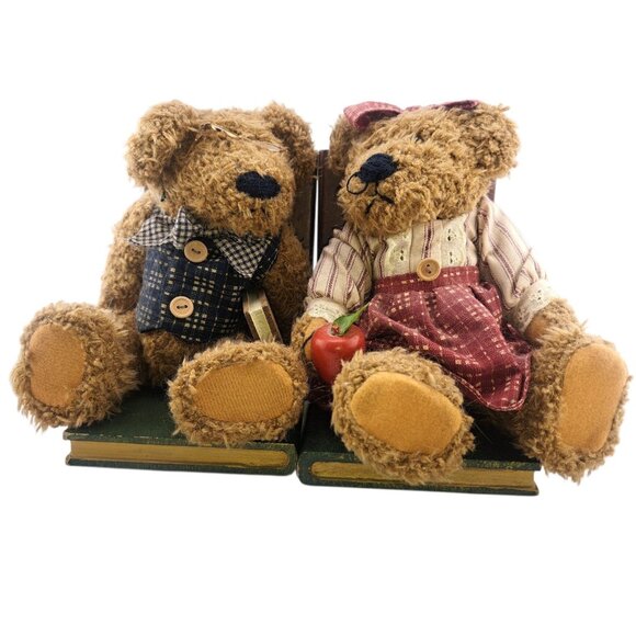 VTG Teddy Bear Bookends Plush Nursery Cottagecore Decor Wooden Base Boyds - Picture 1 of 11